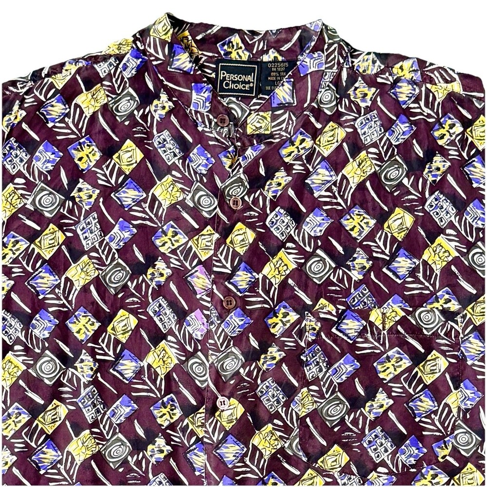 Vintage‎ Men 100% Silk Shirt Abstract Geometric Print Short Sleeve Button Up Lg